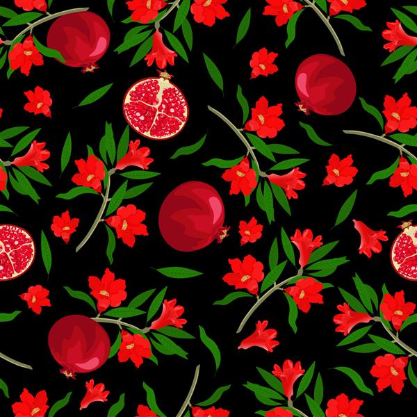 میوه ها و گل های انار در زمینه مشکی الگوی بدون درز وکتور