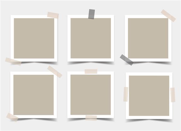 ست قاب عکس مربعی با نوار چسب های مختلف وکتور سه بعدی واقع گرایانه ماکت برای طراحی یا ارائه الگوی خالی 6 کارت عکس خالی بژ با نوار چسب مشکی و بژ EPS10