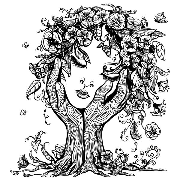 تصویر برداری از فلسفه نماد زندگی روانشناسی زنانه صورت زنی به شکل درختی شکوفه در آغوش دستان مفهوم سلامت روان و روان درمانی