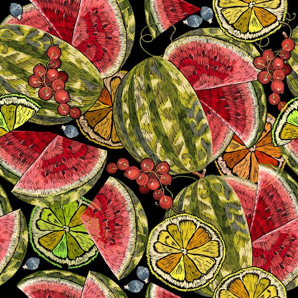 الگوی بدون درز هندوانه گلدوزی توت توت قرمز و تکه لیمو هنر باغ تابستانی قالب مد برای لباس پارچه طراحی تی شرت