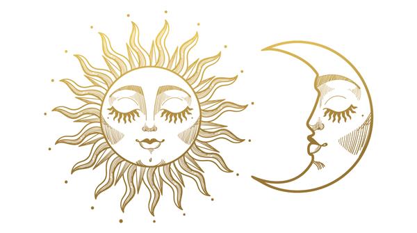 مجموعه ای از عناصر زیبای عرفانی طلایی به سبک بوهو خورشید و هلال ماه با صورت عناصر طراحی خالکوبی برچسب تصویر برداری خطی جدا شده در پس زمینه سفید