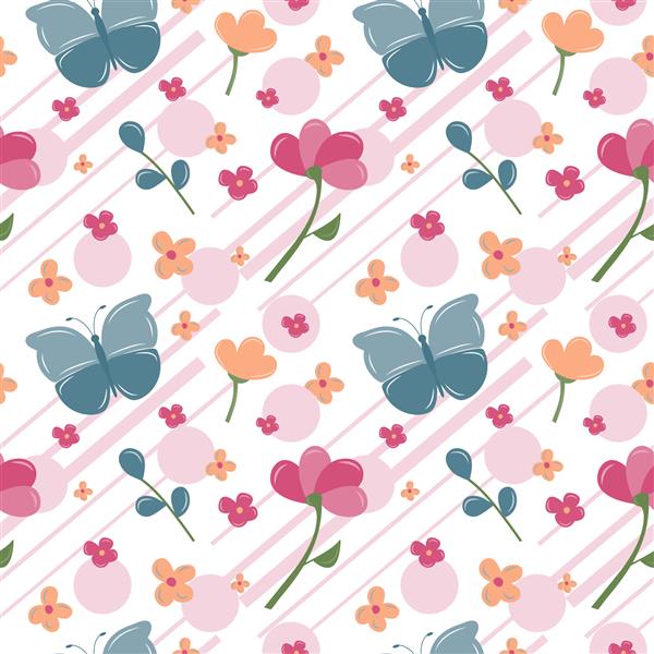 الگوی بدون درز با گل های بهاری زیبا و پروانه زیبا رنگهای پاستل برای منسوجات کاغذ دیواری کاغذ و اسکرپ بوک تصویر برداری جدا شده در پس زمینه سفید