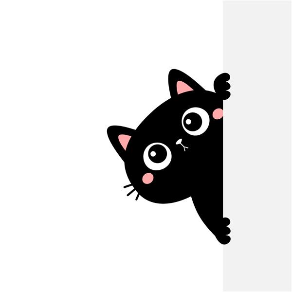 گربه سیاه که تابلوی بزرگ خالی در دست دارد گربه گربه بامزه کارتونی کاوائی که پشت دیوار کاغذی پنهان شده است طراحی تخت قالب چاپ تایپوگرافی پس زمینه سفید جدا شده تصویر برداری