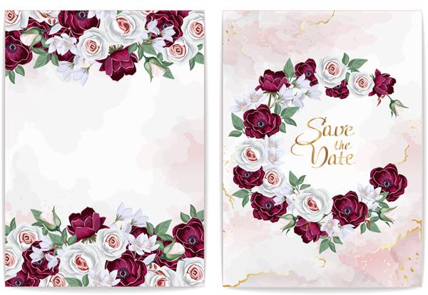 مجموعه حاشیه های گل الگوی دعوتنامه یا کارت تبریک با گل عروسی و مرمر گل رز