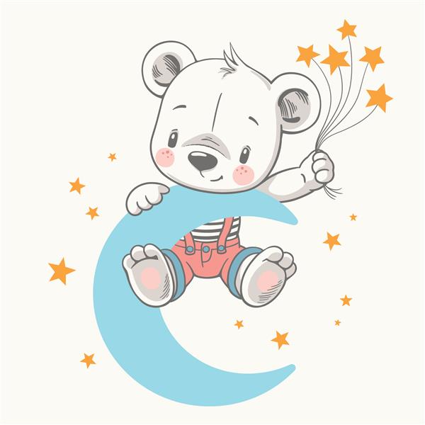 تصویر برداری از یک بچه خرس زیبا روی ماه آبی با یک دسته گل ستاره