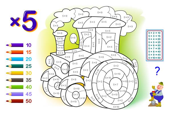 جدول ضرب در 5 برای بچه ها آموزش ریاضی کتاب رنگ آمیزی مثال حل کنید و تراکتور را رنگ کنید بازی پازل منطقی کاربرگ قابل چاپ کتاب درسی مدرسه کودکان آنلاین بازی کنید