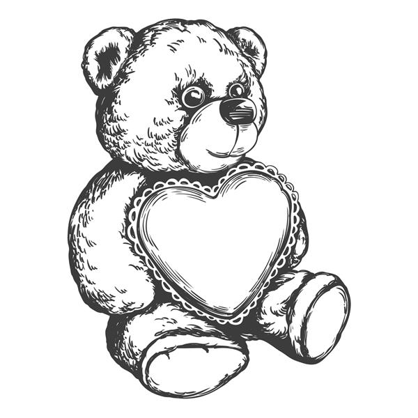 خرس عروسکی با یک قلب در پنجه با دست کشیده شده تصویر برداری طرح واقع گرایانه