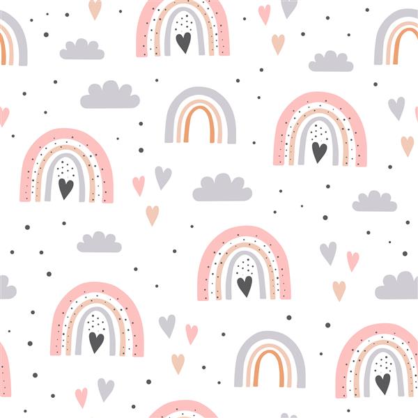 الگوی بدون درز با ابر و رنگین کمان در آسمان بافت خلاقانه کودکانه برای پارچه بسته بندی پارچه کاغذ دیواری پوشاک تصویر برداری
