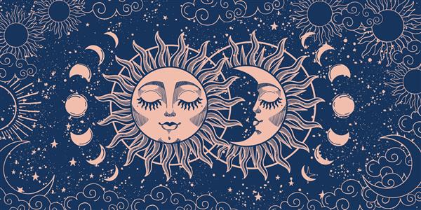 پس زمینه جادویی برای تاروت طالع بینی جادو دستگاه کیهان هلال ماه و خورشید با چهره ای در زمینه آبی تصویر برداری باطنی
