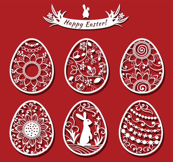 ست تخم مرغ عید پاک تخم مرغ زینتی سفید برای برش لیزری در زمینه قرمز نمادهای کارت تبریک