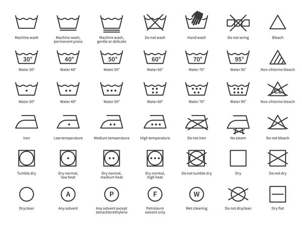 نمادهای لباسشویی از دستورالعمل‌های لباس‌ها روی برچسب‌ها علائم شستشوی ماشین یا دست مراقبت کنید مجموعه نمادهای دمای آب اتو و خشک کردن انواع پارچه و پارچه مجموعه ایزوله اقلام خط برداری