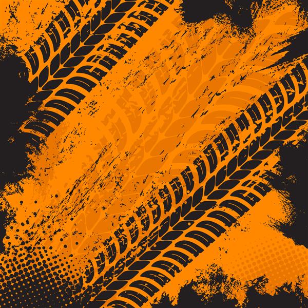 چاپ تایر آفرود گرانج وکتور الگوی انتزاعی نارنجی گرانژ در پس‌زمینه مشکی چاپ تایرهای کثیف رالی خودرو یا موتورکراس بافت مسیرهای خارج از جاده برای مسابقات مسابقه یا طراحی خدمات گاراژ