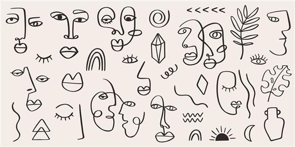 مجموعه پرتره زن قبیله ای انتزاعی در هنر خط پیوسته مد عناصر معاصر با چهره های زن قومی برگ ها گل ها اشکال در سبک نقاشی جوهر مدرن مفهوم زیبایی شناسی مینیمالیستی