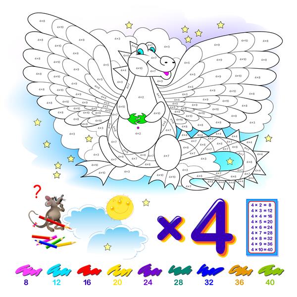 جدول ضرب در 4 برای بچه ها آموزش ریاضی کتاب رنگ آمیزی مثال ها را حل کنید و اژدها را رنگ کنید بازی پازل منطقی کاربرگ قابل چاپ کتاب درسی مدرسه کودکان آنلاین بازی کنید