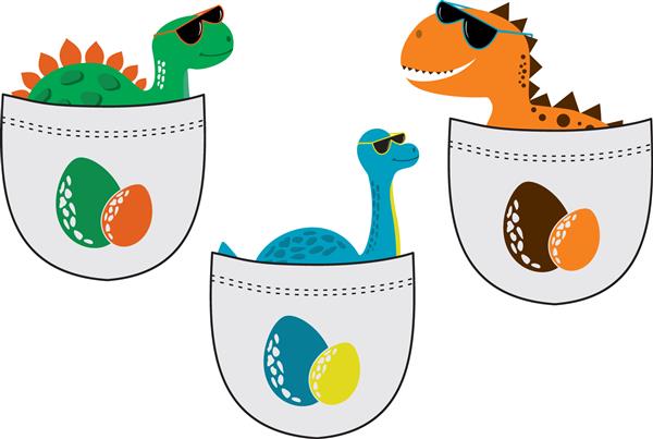 مجموعه ای از دایناسورهای خنده دار در جیب برای چاپ قالب وکتور برای طراحی تی شرت گرافیک مد برای پوشاک دینو تصویر شخصیت برای مجلات کودکان و موسسات پیش دبستانی دایناسور