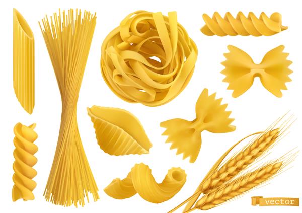 مجموعه اشیاء برداری واقع گرایانه ماکارونی سه بعدی پنه فوسیلی فارفاله تالیاتل فتوچین اسپاگتی کاواتاپی پوسته کونچیگلی و گندم تصویر غذا