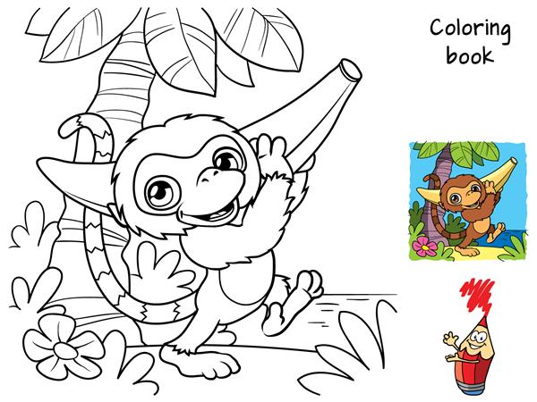 میمون کوچولوی ناز یک موز حمل می کند کتاب رنگ آمیزی تصویر برداری کارتونی