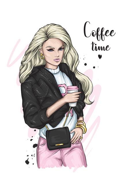 دختر زیبا و شیک با موهای بلند در لباس های مد روز کت تی شرت و شلوار جین مد و استایل لباس و اکسسوری تصویر برداری زن با قهوه