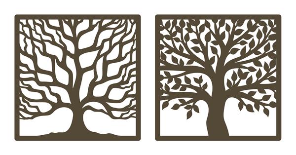 دو درخت در یک قاب مربع با و بدون برگ تنه قهوه ای شاخه ها المان طراحی پانل نمونه برای برش پلاتر قالب برای برش کاغذ تخته سه لا مقوا حکاکی فلز حکاکی روی چوب