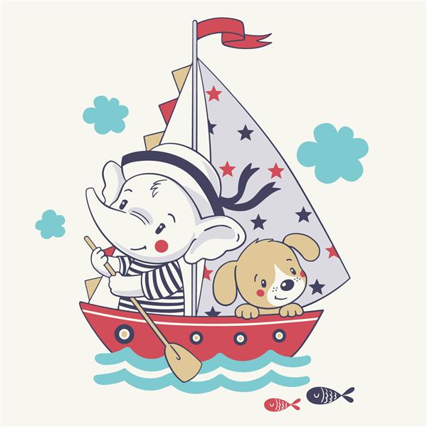 تصویر برداری از یک بچه فیل دریایی ناز و سگش در حال قایقرانی در یک کشتی
