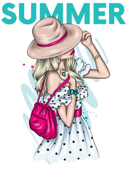 دختر زیبا با لباس و کلاه تابستانی شیک تصویر برداری برای ottyki یا پوستر چاپ روی لباس سبک مد