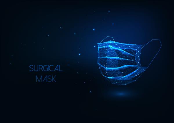 ماسک صورت محافظ جراحی پزشکی آینده نگر جدا شده در پس زمینه آبی تیره محافظت در برابر ویروس کرونا تصویر وکتور طرح مشبک قاب سیمی کم چند ضلعی درخشان