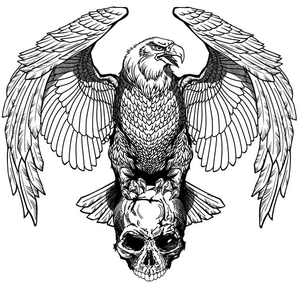 عقاب روی جمجمه انسان نشسته است تصویر برداری به سبک طراحی تاتو یا پیراهن سیاه و سفید نمای جلویی