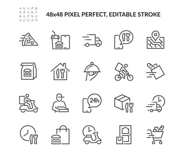 مجموعه ای ساده از نمادهای وکتور مربوط به تحویل غذا شامل نمادهایی مانند پیک روی دوچرخه جعبه غذا تحویل بدون تماس و موارد دیگر است سکته مغزی قابل ویرایش 48x48 Pixel Perfect