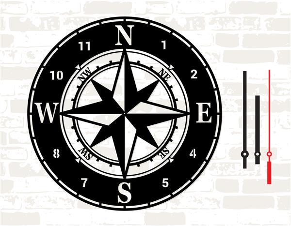 قالب برش لیزری ساعت دیواری دریایی المان طراحی گل رز باد قطب نما شابلون وکتور صفحه ساعت ساده با اعداد عربی شبح شماره گیری جدا شده است
