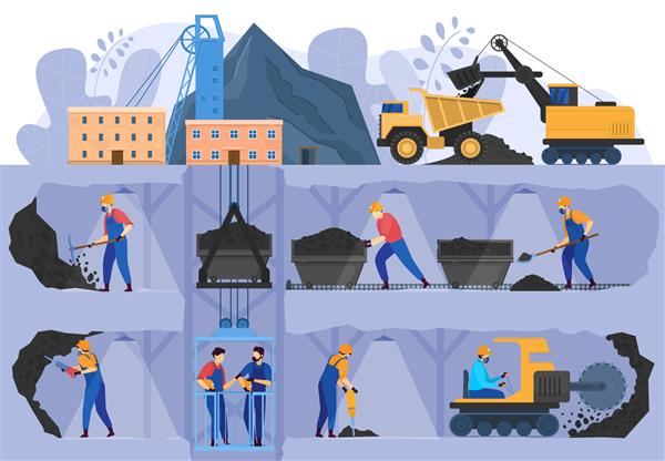 صنعت معدن زغال سنگ افرادی که در غارهای زیرزمینی کار می کنند تصویر برداری شخصیت های کارتونی معدنچیان استخراج و حمل و نقل زغال سنگ کارخانه معدن مردان و ماشین آلات کار در تونل مجموعه
