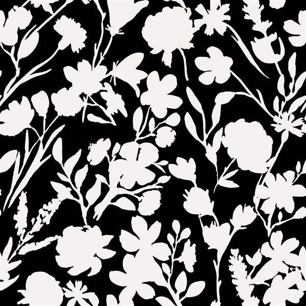 الگوی بدون درز تیره با گل و برگ سیاه گل صد تومانی گل های وحشی خشخاش بهار گل انتزاعی الگوی تابستانی پس زمینه سیاه و سفید برای عروسی پارچه بسته بندی