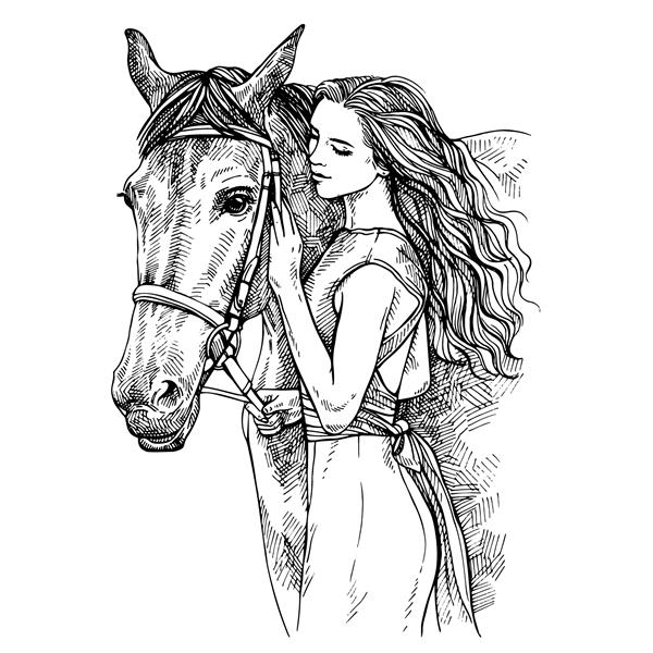 طرح زن و اسب زن جوان در حال نوازش اسب زیبایی با اسب تصویر جوهر کشیده شده با دست