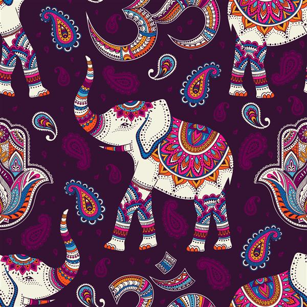 الگوی بدون درز وکتور قبیله ای با فیل ژامبون و علامت و نماد om پیشینه قومی هندی رنگ های نئون قدیمی یکپارچهسازی با سیستمعامل تصویر کشیده شده با دست کاغذ دیواری طرح پارچه پارچه دستمال کاغذی فرش