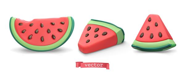 میوه تابستانی هندوانه مجموعه آیکون های وکتور سه بعدی تصویرسازی هنری پلاستیکین