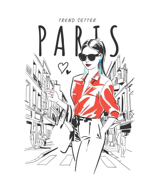 شعار پاریس با طرح دست دختر مد در تصویر پس زمینه شهر
