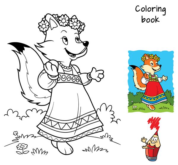 دختر روباه ناز با لباس و تاج گل کتاب رنگ آمیزی تصویر برداری کارتونی