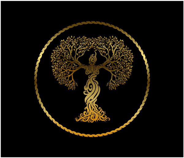 لوگوی درخت زن انتزاعی با رنگ طلایی براق و متالیک وکتور