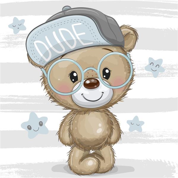 خرس عروسکی کارتونی زیبا با کلاه آبی و عینک