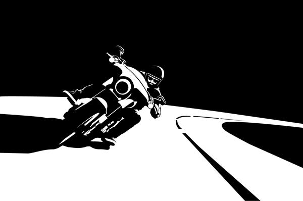 دوچرخه سوار موتورسیکلت در بزرگراه سوار می شود شبح یک موتورسوار با کلاه ایمنی روی دوچرخه در زمینه سیاه