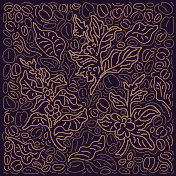 پس زمینه قهوه وکتور الگوی گرافیکی دکور خط هنری درخت انتزاعی شاخه طلایی برگ لوبیا دانه طراحی دستی فلور استوایی در زمینه سیاه شاخ و برگ چاپ مد قدیمی
