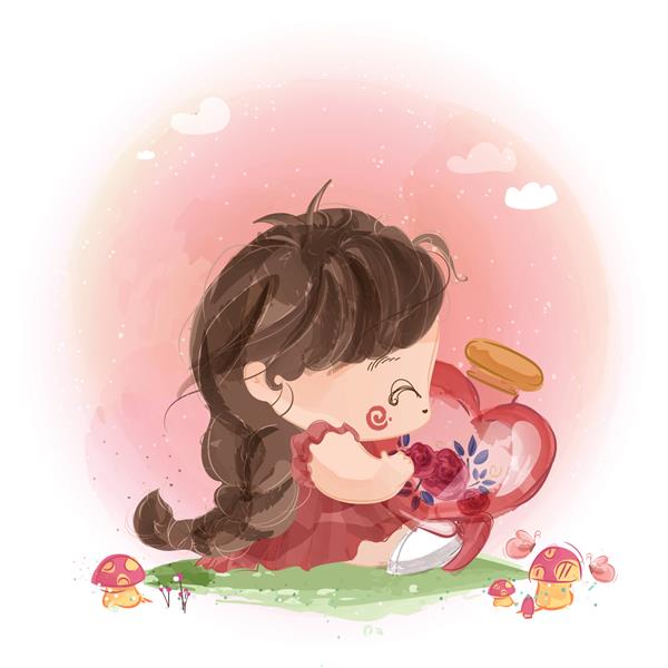 یک دختر بچه شیطون با یک بطری شیشه ای به شکل قلب فضای داخلی پر از رزهای قرمز روشن است