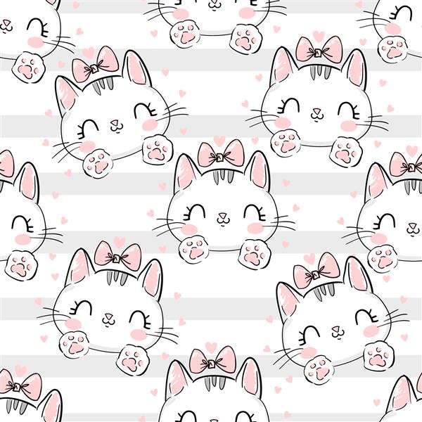 گربه با کمان در پس زمینه طرح راه راه تصویر برداری طرح چاپ گربه چاپ کودکان روی تی شرت طرح بدون درز