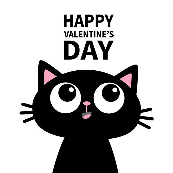 روز ولنتاین مبارک سیلوئت سر گربه سیاه که به بالا نگاه می کند شخصیت کارتونی زیبا حیوان خندان Kawaii کارت کودک مجموعه حیوانات خانگی سبک طراحی تخت جدا شده پس زمینه سفید بردار
