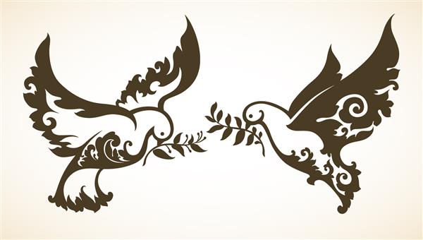 مجموعه تصویر برداری وکتور کبوتر با شاخه زیتون - نماد نماد عنصر طراحی الگوی چرخشی تزئینی انتزاعی به سبک قدیمی