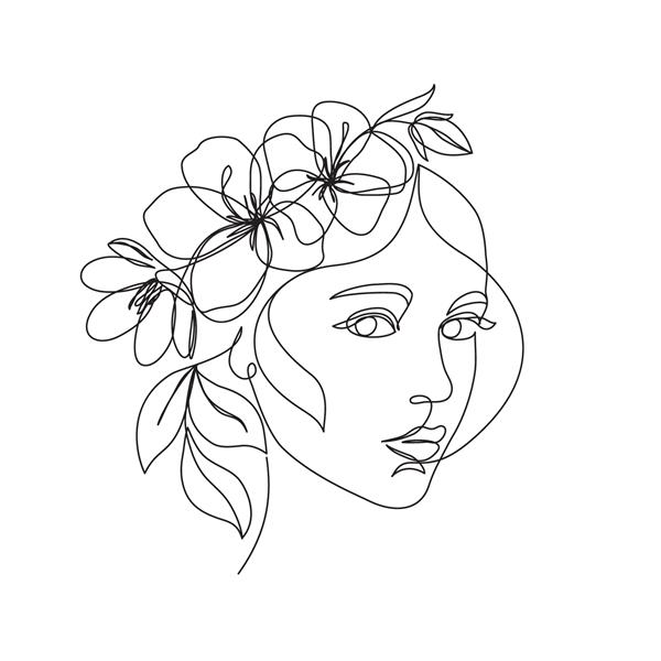صورت زن با گل نقاشی یک خط هنر نقاشی خط پیوسته دسته گل در سر زن تک خط هنر تصویر وکتور خط لوازم آرایشی طبیعت آثار هنری نقاشی سیاه سفید مینیمالیستی