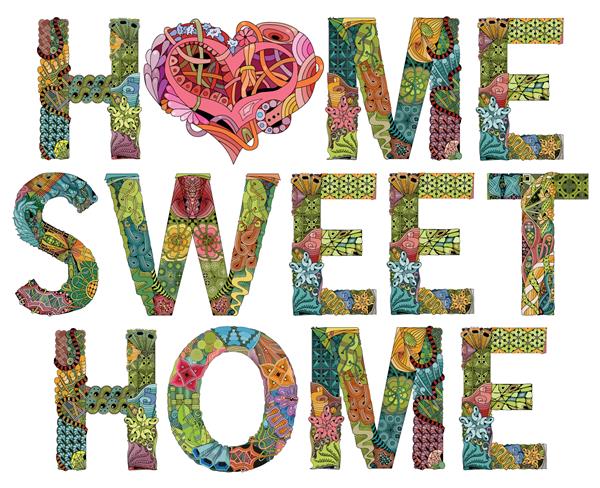 کلمات HOME SWEET HOME با قلب وکتور شیء تزیینی zentangle