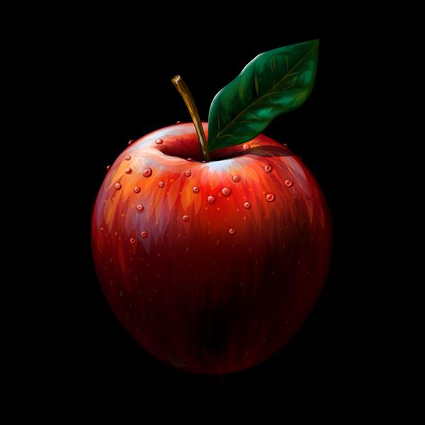 سیب قرمز تصویر واقعی رنگی و هنری از یک سیب قرمز با قطرات آب در پس زمینه سیاه