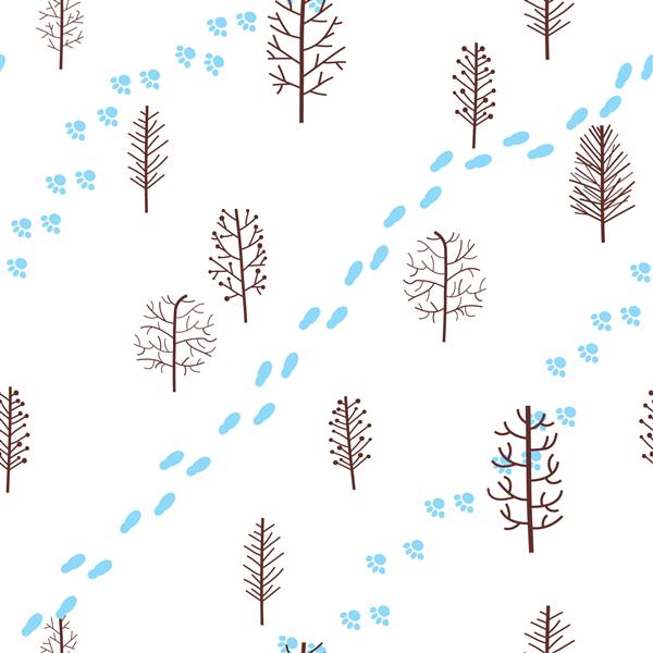 الگوی بدون درز زمستانی با درختان و ردپاهای سبک انتزاعی پس زمینه وکتور