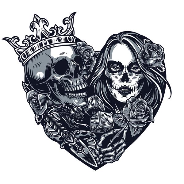 الگوی خالکوبی به سبک چیکانو به شکل قلب با جمجمه در تاس خنجر اسکلت مار که دختر گل رز را در دست گرفته است با آرایش روز مرده در تصویر برداری جدا شده به سبک قدیمی