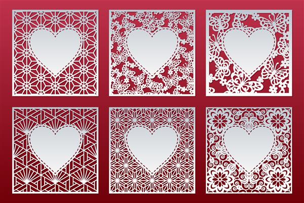 کارت های طرح دار برش لیزری ست با قلب قالب های پانل برای طراحی داخلی چیدمان کارت عروسی دعوت نامه کارت روز ولنتاین وکتور پس زمینه ولنتاین